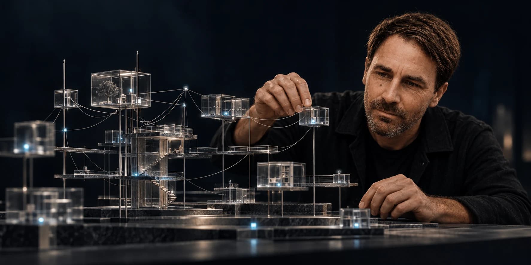 An imagined workshop: David assembling a delicate glass model of an interconnected system